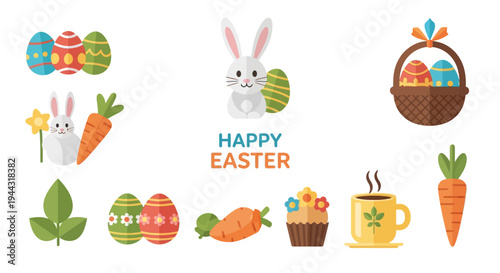 Happy Easter: Cute Bunny, Decorated Eggs, Carrots, Cupcake, and Coffee Mug