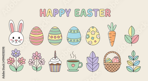 Happy Easter Cute Cartoon Elements: Bunny, Eggs, Flowers, Carrot, Cupcake, Coffee, Basket