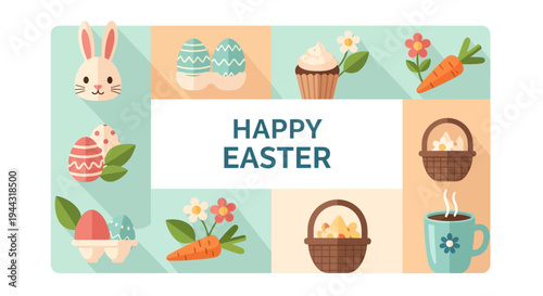 Happy Easter Flat Design Illustration with Bunny, Eggs, Carrots, Cupcakes, and Coffee