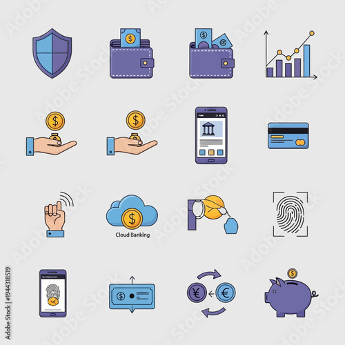 Financial icons and money symbols.