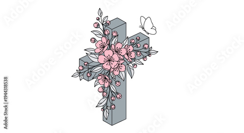 A decorative cross adorned with pink flowers and leaves in a minimalist style, perfect for religious or floral themes