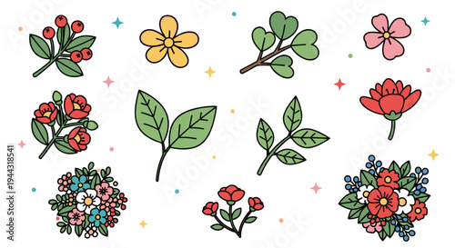 A vibrant collection of hand-drawn floral illustrations featuring various flowers and leaves in a playful style