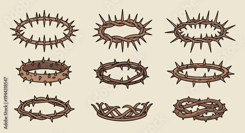 A collection of thorny crowns featuring various styles and shapes, illustrated in a minimalist design