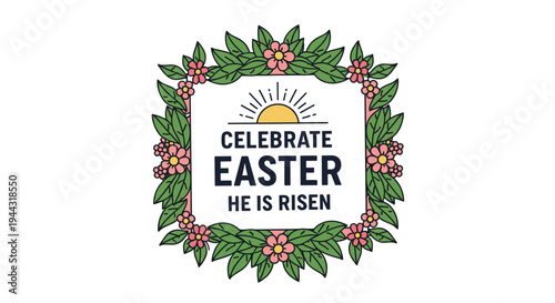 A vibrant Easter-themed illustration featuring floral elements and bold typography in a modern style