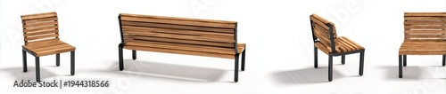 Four wooden outdoor seating arrangements, in various perspectives, with black metal frames