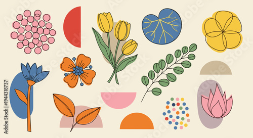 A vibrant collection of floral and abstract elements in a modern, minimalist style, perfect for design projects