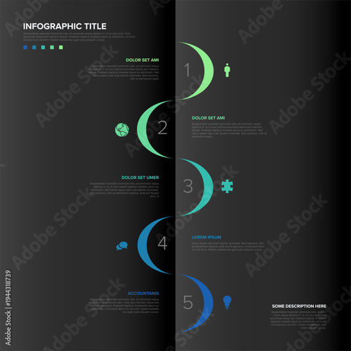 A modern infographic template featuring five progressive steps on a dark background. This professional infographic design uses icons and numbers to visualize a process or data timeline.