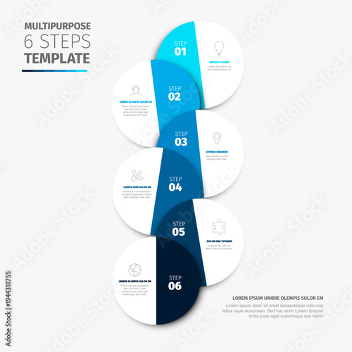 This infographic template features six steps in a professional circular layout. Each of the six steps uses blue tones to visualize your infographic process and business workflow.