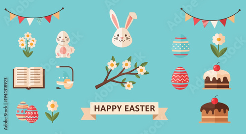 Happy Easter Flat Icons Set: Bunny, Eggs, Flowers, Cake, Book, Branch on Blue Background