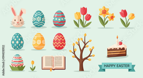 Happy Easter Flat Design Icons Set: Bunny, Eggs, Tulips, Cake, Book, Tree