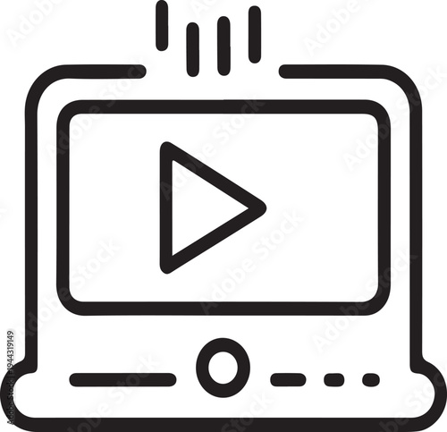 Online video streaming outline icon representing laptop media player concept, digital content playback, internet entertainment symbol, online learning and multimedia streaming platform