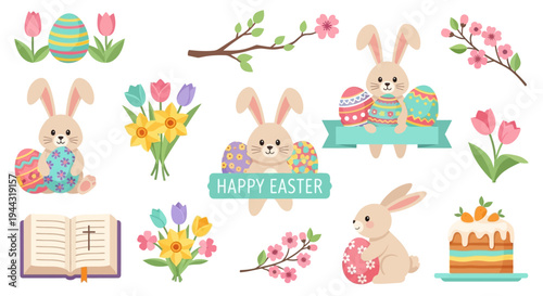 Happy Easter bunnies, decorated eggs, tulips, daffodils, and cake on white background