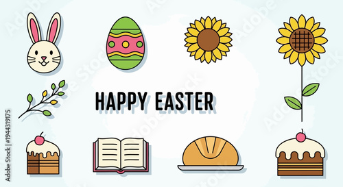 Happy Easter Bunny Egg Sunflower Cake Bread Spring Holiday Celebration Icons