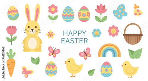 Happy Easter Bunny, Chicks, Eggs, Flowers, Rainbow, Basket, Carrot, Butterflies