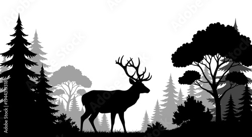 Deer with large antlers standing still.
