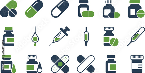Medical icons collection: pills, capsules, syringe, vials, and band-aids, band aid, medical symbol