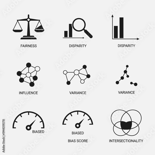Diverse statistical and data analysis icons.