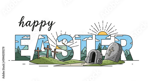 A colorful Easter illustration featuring a tomb, crosses, and the phrase 'Happy Easter' in a modern, flat style