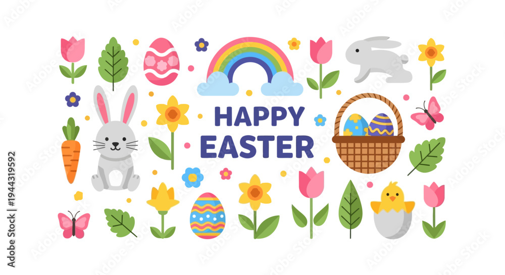 Fototapeta premium Happy Easter Celebration: Cute Bunnies, Colorful Eggs, Flowers, Rainbow, and Chick