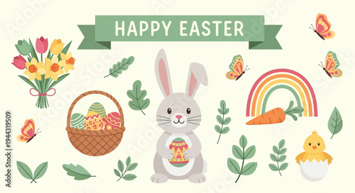 Happy Easter bunny, rainbow, basket with eggs, flowers, chick, and butterflies illustration