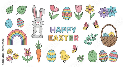 Happy Easter cartoon elements: bunny, eggs, flowers, rainbow, chick, carrot, butterflies, basket