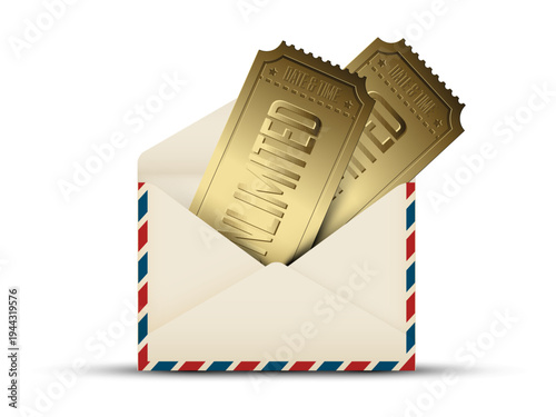 Gift these golden unlimited tickets inside an open airmail envelope for a special offer. These golden unlimited tickets represent a premium reward or exclusive access invitation.