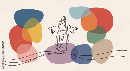A minimalist line art illustration of a figure in flowing robes, surrounded by colorful abstract shapes