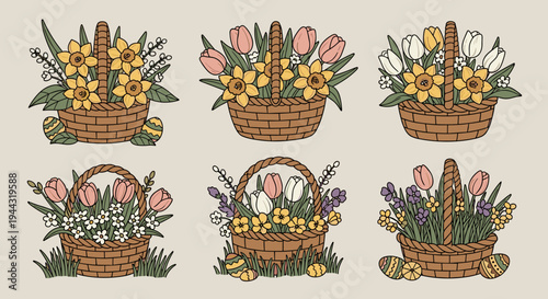 A collection of illustrated baskets filled with colorful flowers and decorative elements, in a flat design style, perfect for spring themes