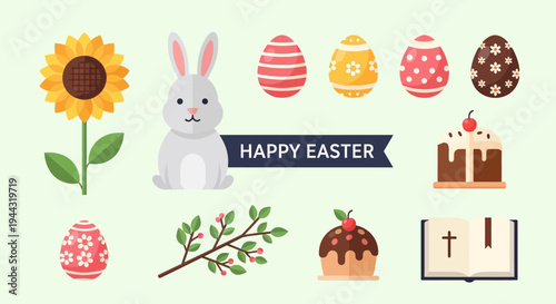 Happy Easter flat design elements: bunny, eggs, sunflower, cake, bible, branch