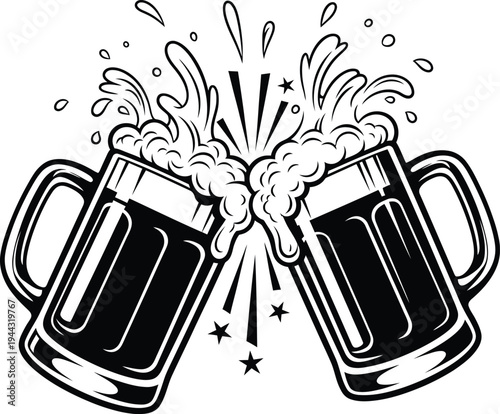 A set of vector icons featuring a beer bottle, glass mug, and beverage symbols designed as alcohol art for a bar sign or holiday drink illustration