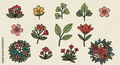 A vibrant collection of hand-drawn floral illustrations featuring various flowers and leaves in a whimsical style