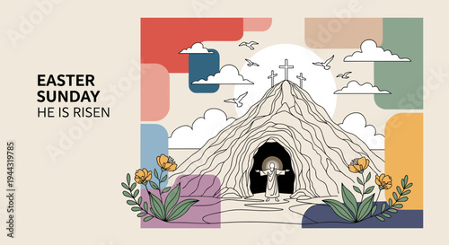 A vibrant illustration of Easter Sunday featuring a risen figure from a cave, in a modern flat style
