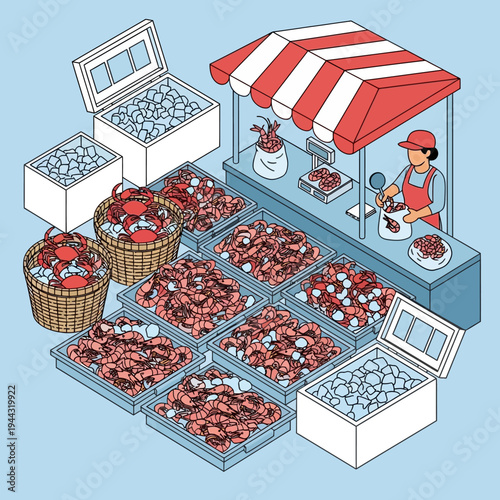 A seafood market stall with various types of fresh seafood on display.