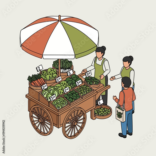 A vibrant illustration of a farmer's market with fresh produce and customers.
