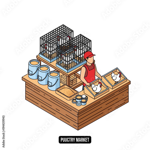 An isometric illustration of a poultry market stall with a vendor and various products.