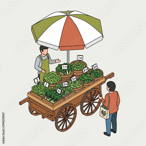A vendor stands behind a cart of fresh produce, interacting with a customer.