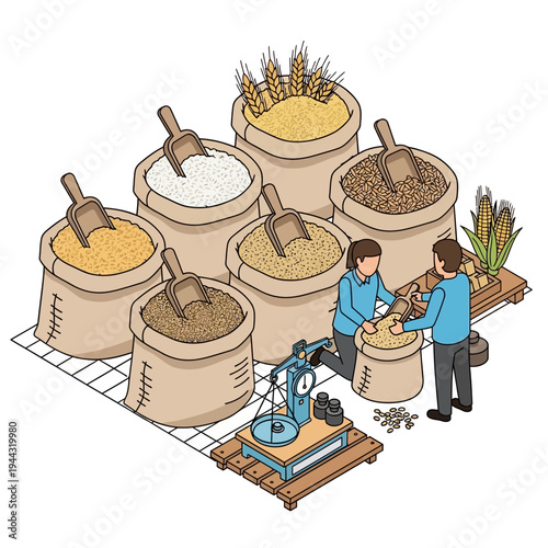 Image depicts people weighing grains from sacks, showcasing various types of cereals and grains.