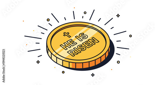 A vibrant illustration of a gold coin featuring the phrase 'He Is Risen' in a modern, flat style, suitable for religious themes