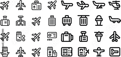 Airplane and travel icons: planes, helicopters, luggage, and tickets, icon set, air travel, business trip