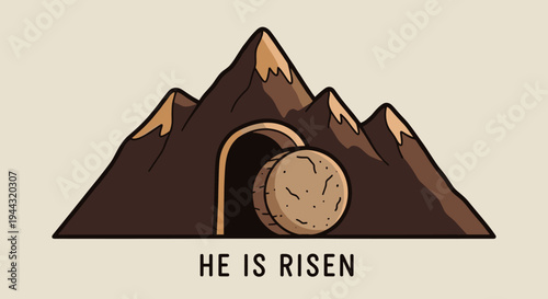 A minimalist illustration of a mountain scene with a stone tomb, featuring a modern design style, suitable for Easter themes