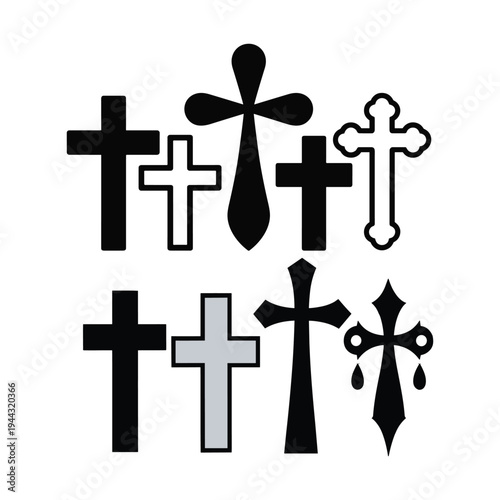 Various Cross Symbols in Black and White sign christianity religion vector illustration