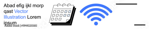 Networking, communication, scheduling tools, remote work, technology integration, productivity. Black calendar icon next to blue wireless symbol. Scheduling tools and networking concept