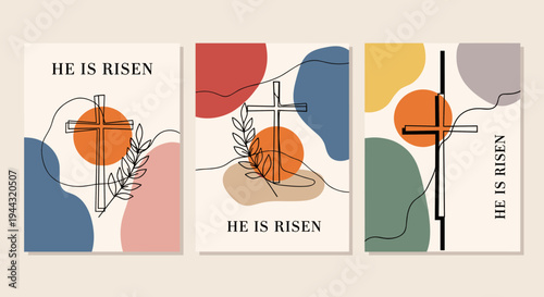 A collection of three modern illustrations featuring crosses, abstract shapes, and the phrase 'He Is Risen' in a minimalist style