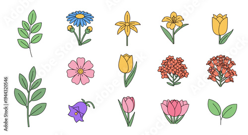 A vibrant collection of hand-drawn floral elements featuring various flowers and leaves in a flat style