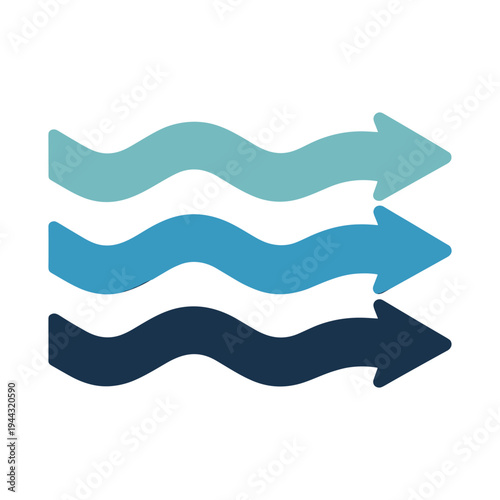 Wavy arrows in three shades of blue pointing right blue arrows right pointing white background