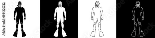 Showcasing a Scuba Diver Through Four Contrasting Black and White Illustrations on a Clean Background, Horizontal Row Viewpoint in Studio Environment