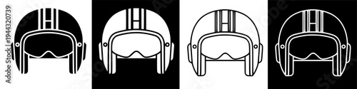 Variety of motorcycle helmets line art.