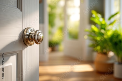 Elegant Residential Metal Doorknob with Slight Tarnish Against a Bright Room Background