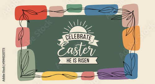 A vibrant Easter-themed illustration featuring a decorative border and celebratory text in a modern flat style