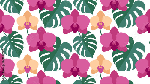 Pink and peach orchids with green monstera leaves in seamless pattern for textile and digital applications